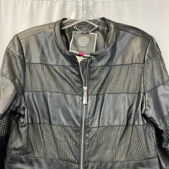 Vince Camuto Womens Black Tan Long Sleeve Full Zip Motorcycle Jacket Size Medium - Picture 2 of 9